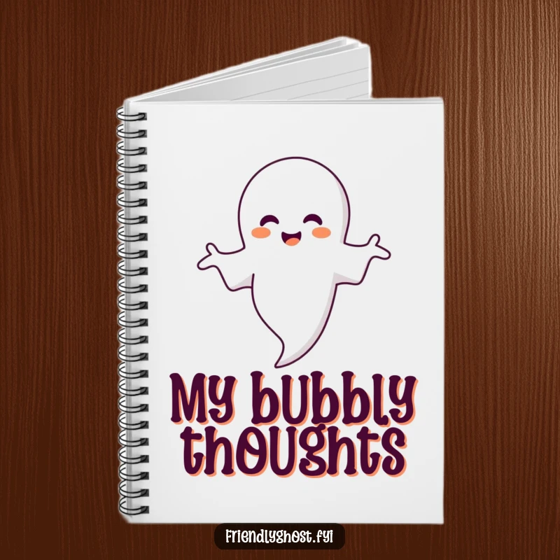 Funny ghost notebook featuring a smiling ghost embracing a floating bubble, perfect for documenting thoughts with a touch of whimsy.