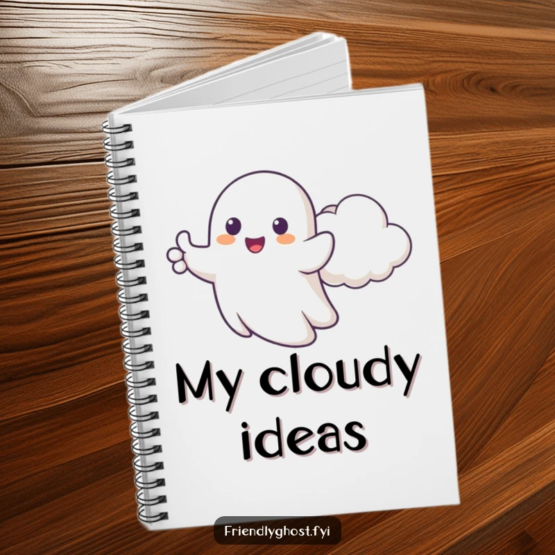 Funny notebook featuring a happy ghost giving cartoonish thumbs up beside a cheerful cloud, ideal for recording positive thoughts.