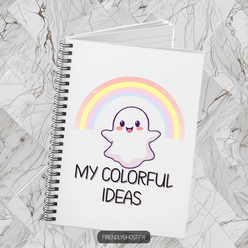 Funny notebook cover featuring a happy ghost floating through a shimmering rainbow, great for jotting down magical ideas.