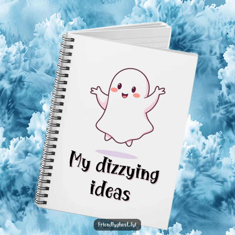 Funny ghost notebook, a playful specter mid-pirouette on the cover, inspiring creative writing.