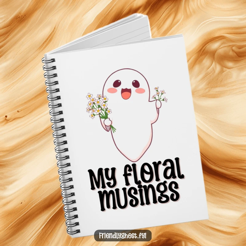 Funny delighted ghost character floating upwards holding flowers, on the cover of a humorous notebook.
