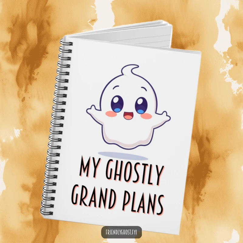 Funny surprised ghost character with wide, happy eyes mid-jump on a notebook cover, perfect for jotting down funny thoughts.