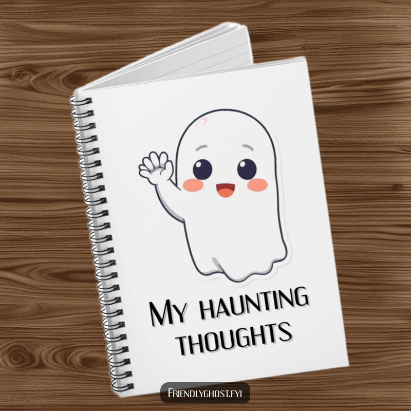Funny notebook cover design of a smiling ghost character waving hello, perfect for jotting down cheerful thoughts and friendly ideas.