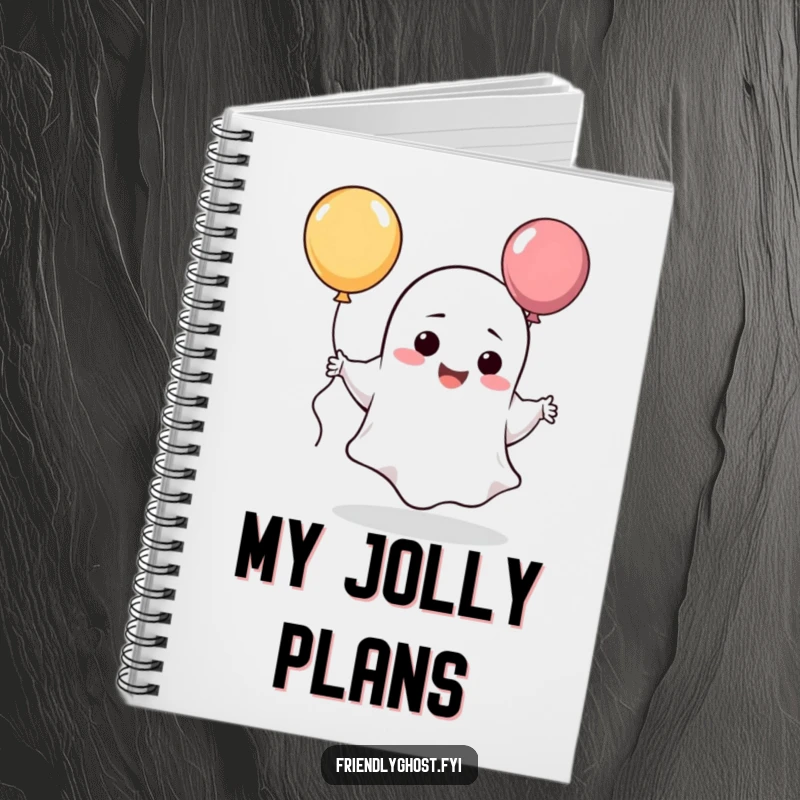 Funny giggling ghost notebook with a silly character dancing with a balloon.