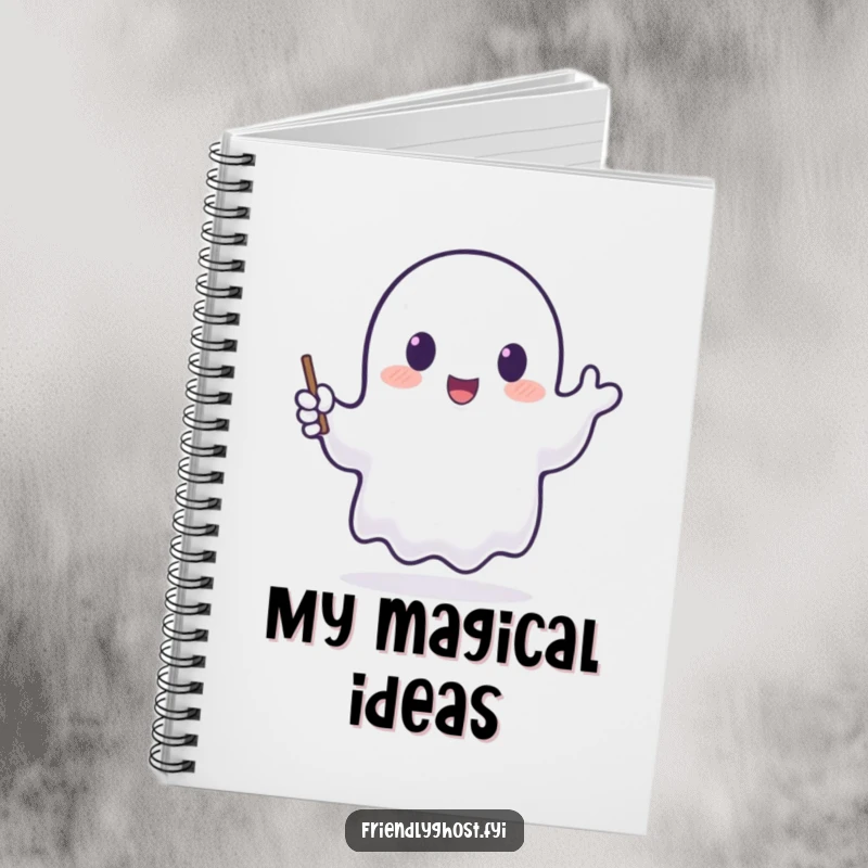 Funny notebook featuring a translucent ghost happily waving a tiny, glowing wand, ideal for recording magical thoughts.