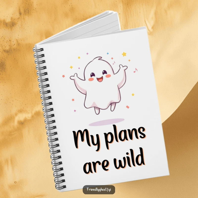 Funny notebook cover featuring a smiling ghost mid-jump with confetti, ideal for capturing spectral celebration notes.