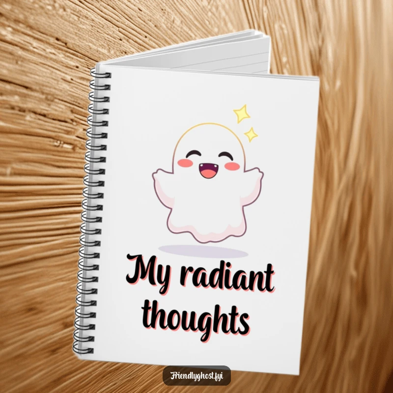 Funny notebook featuring a joyful ghost character offering a bright, sparkling light, ideal for recording bright ideas.