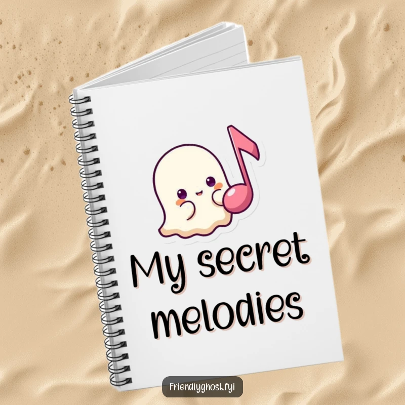 Funny shy ghost music notebook featuring a timid ghost peeking from behind a floating music note, ideal for gentle notes and funny gifts.
