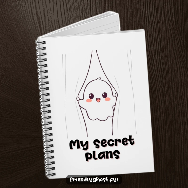 Funny ghost notebook featuring a cheerful ghost peeking from behind a shimmering curtain, perfect for note-taking with a playful touch.