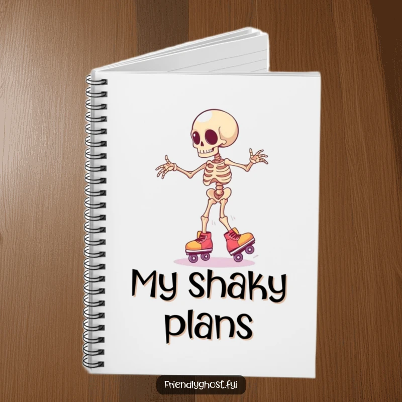 Funny clumsy skeleton limb wearing tiny roller skates, wobbling precariously, a humorous notebook for notes.
