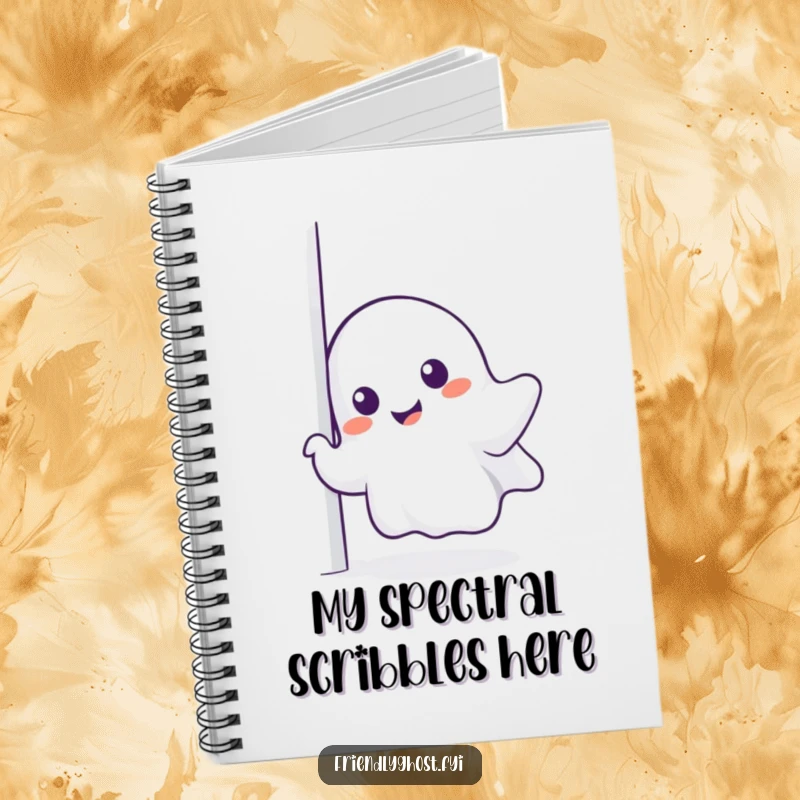 Funny ghost notebook, a charming specter peeking from the cover, inviting you to write.