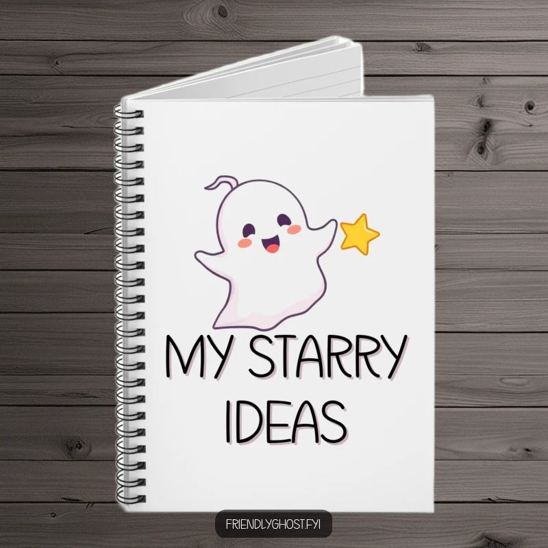 Funny chasing ghost notebook featuring a delighted ghost playfully pursuing a tiny, sparkling star, ideal for whimsical notes and funny gifts.