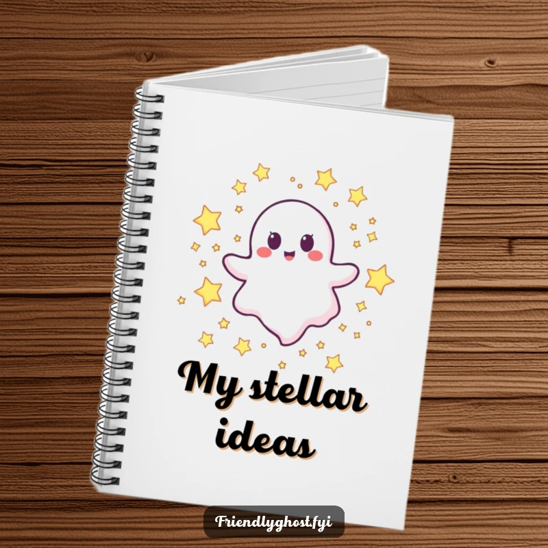 Funny happy ghost notebook with a joyful character floating happily through a field of stars.