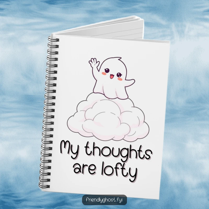 Funny notebook cover featuring a ghost happily waving hello from atop soft, fluffy clouds, inspiring cheerful note-taking.