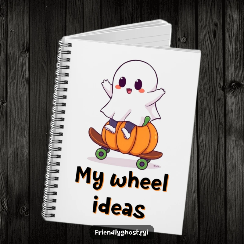 Funny ghost notebook featuring a ghost riding a pumpkin skateboard, ideal for notes, sketches, and creative writing.