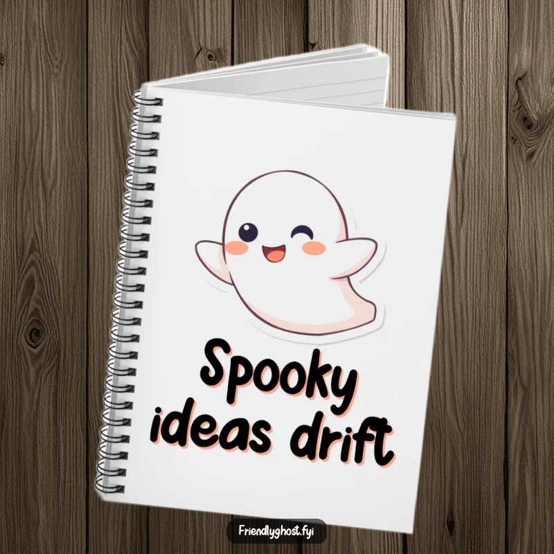 Funny notebook with a little ghost character joyfully zipping through the air with a playful grin, ideal for jotting down fast ideas.