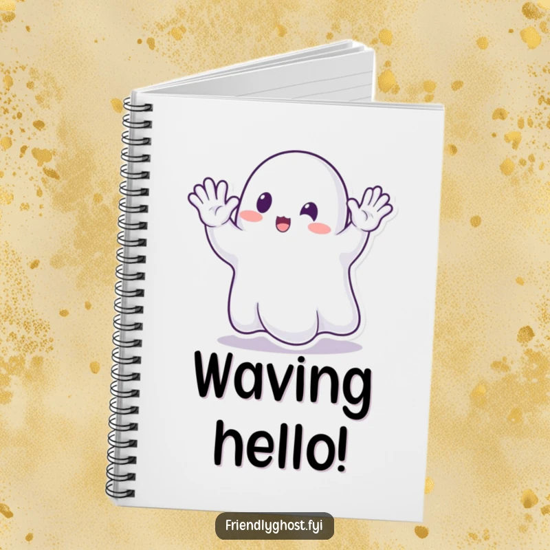 Funny Ghost Waving Notebook: Transparent ghost waving hello, designed for capturing notes and ideas with a touch of spectral humor.