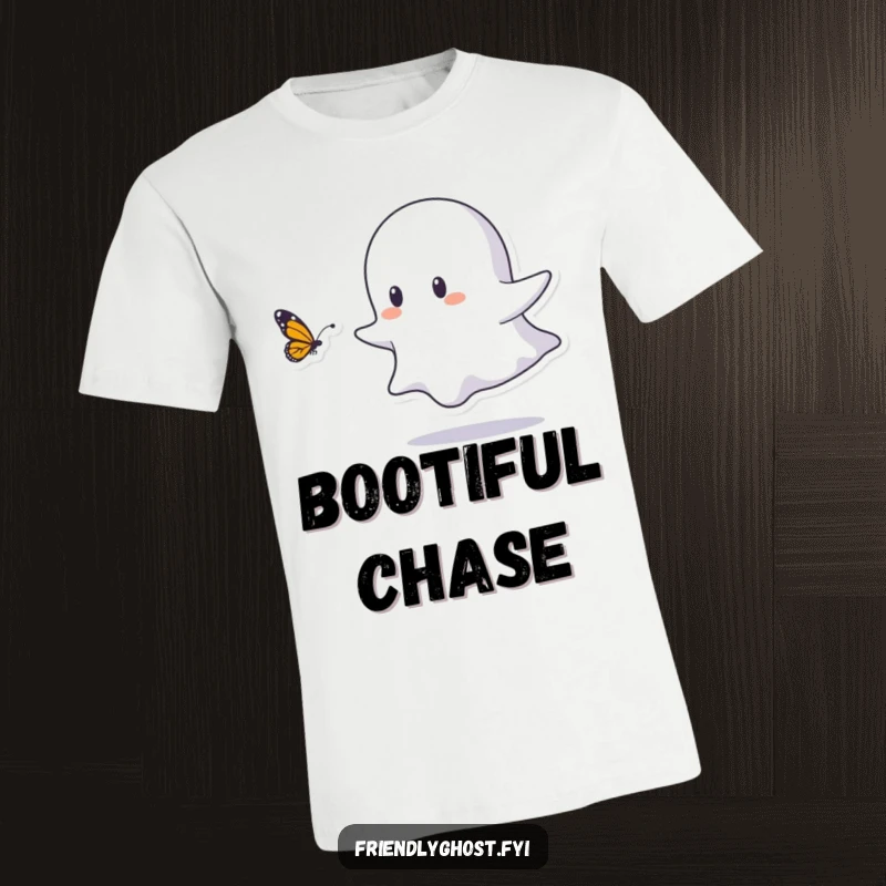 Funny t-shirt depicting a small ghost character playfully and delightedly chasing a butterfly, showcasing pure joy and carefree fun.