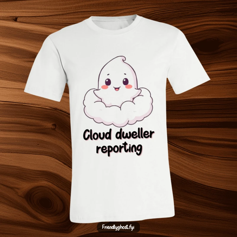 Funny Ghost Cloud Peeker T-Shirt: A ghost playfully peeks from a soft cloud, embodying shyness with a hint of mischievous fun.