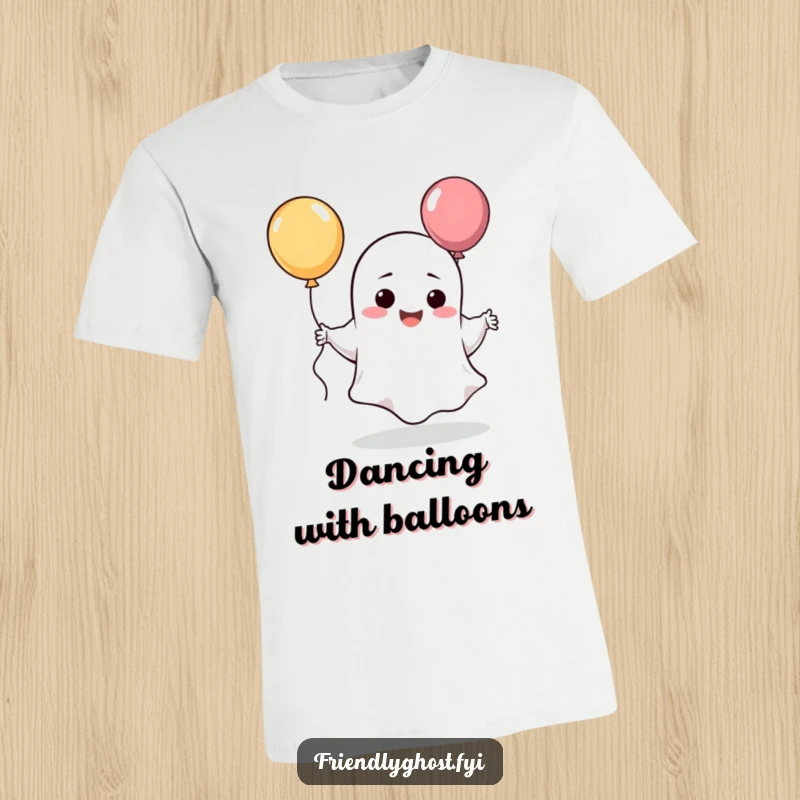 Funny giggling ghost t-shirt depicting a happy character doing a comical dance with a bright balloon.