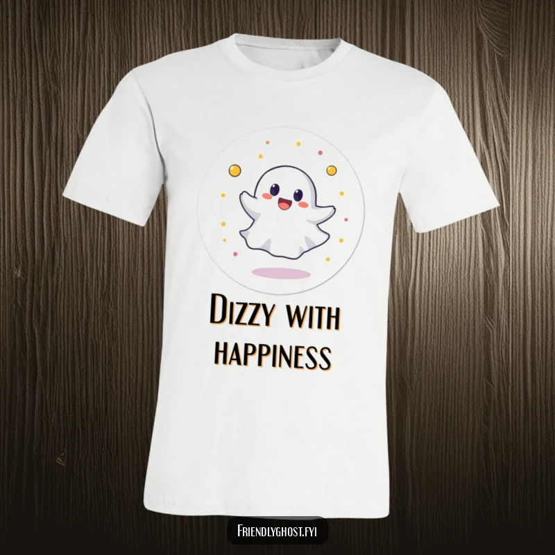Funny t-shirt graphic of a round ghost character spinning in a circle with pure, unadulterated joy, radiating infectious energy.