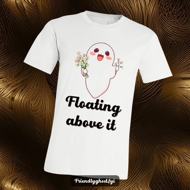 Funny delighted ghost floating upwards holding flowers, printed on a comfortable and humorous t-shirt.