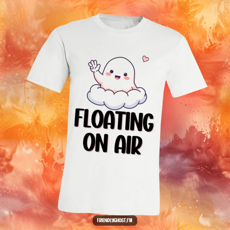 Funny ghost t-shirt with a small, friendly ghost waving from a cloud with a cheerful expression.