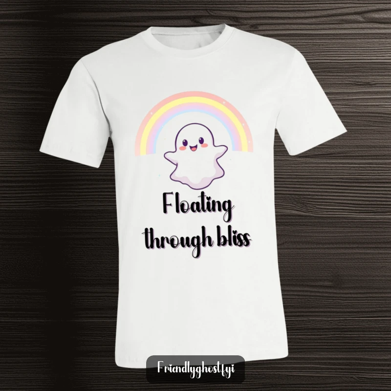 Funny t-shirt with a happy ghost soaring through a dazzling rainbow, symbolizing joy, magic, and colorful dreams.