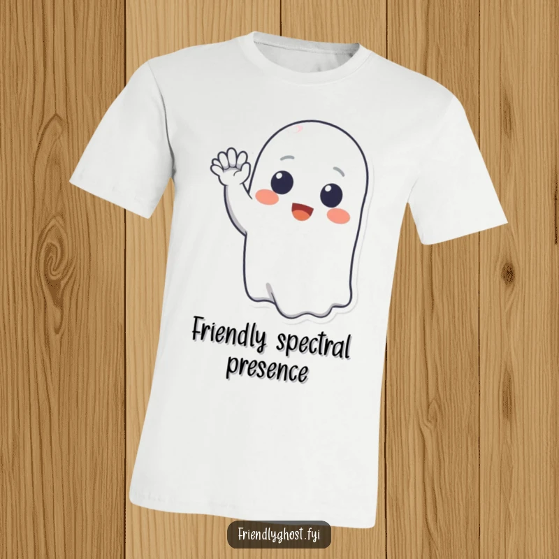 Funny t-shirt showcasing a happy, smiling ghost character waving hello with an outstretched hand, exuding friendly spectral vibes.