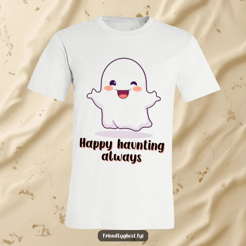 Funny t-shirt featuring a friendly ghost character playfully booing with an infectious, wide, happy grin.