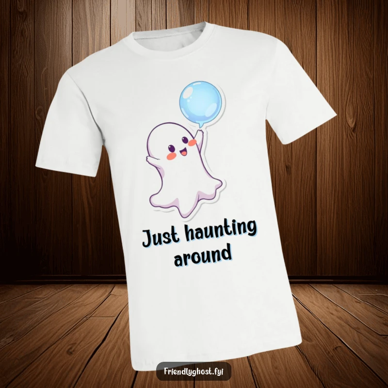 Funny ghost character caught in the act of bopping a floating bubble with a playful, mischievous expression on this t-shirt.