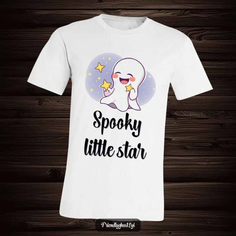 Funny ghost child t-shirt depicting a happy ghost giggling and holding a twinkling star, perfect for Halloween or year-round fun.