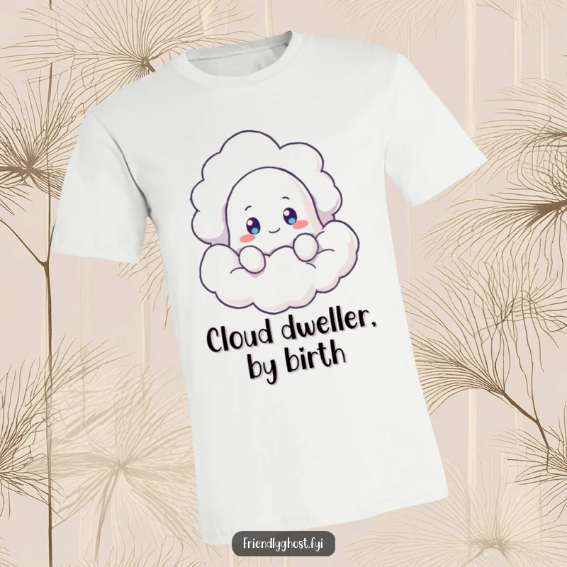 Funny Ghost Cloud T-Shirt: A cute, curious ghost peeks from behind a soft cloud, looking playfully mysterious. A must-have funny gift for ghost enthusiasts.