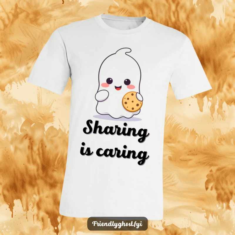Funny ghost character t-shirt, smiling happily while offering a tiny cookie, showcasing cuteness and generosity.
