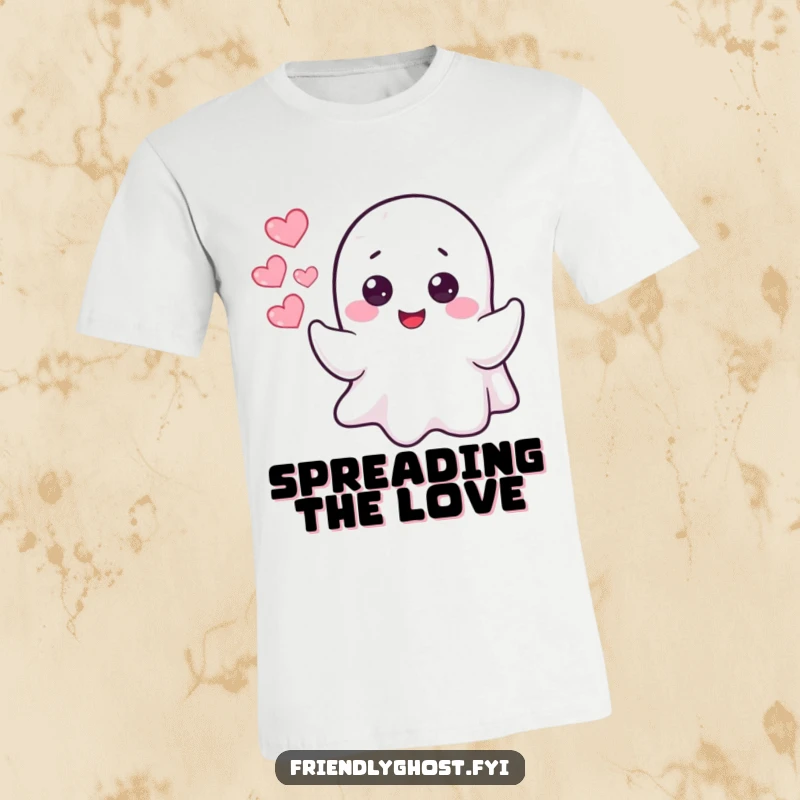 Funny cheerful ghost blowing heart-shaped bubbles, printed on a comfortable and humorous t-shirt.