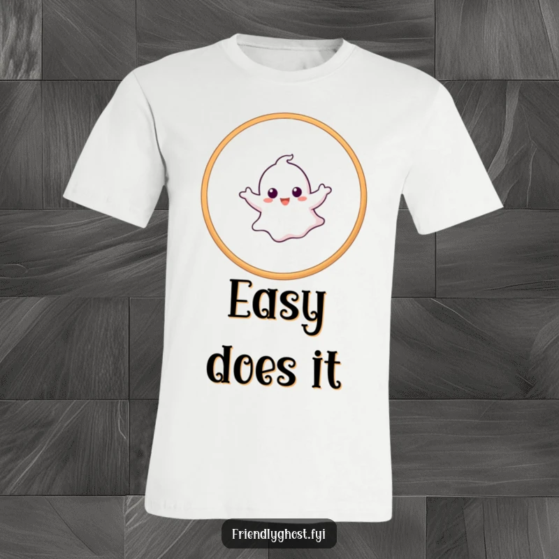 Funny ghost t-shirt showing a spectral figure effortlessly soaring through a hoop, embodying grace and playful mischief.