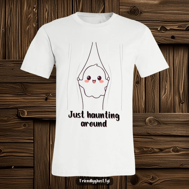 Funny ghost t-shirt featuring a cheerful ghost peeking out, with curious eyes, from behind a shimmering, magical curtain.