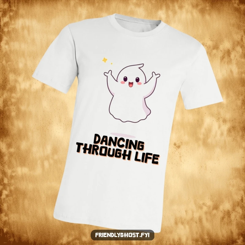 Funny Ghost Pirouette T-Shirt: A ghost joyfully executes a playful aerial pirouette, embodying freedom and lighthearted celebration.