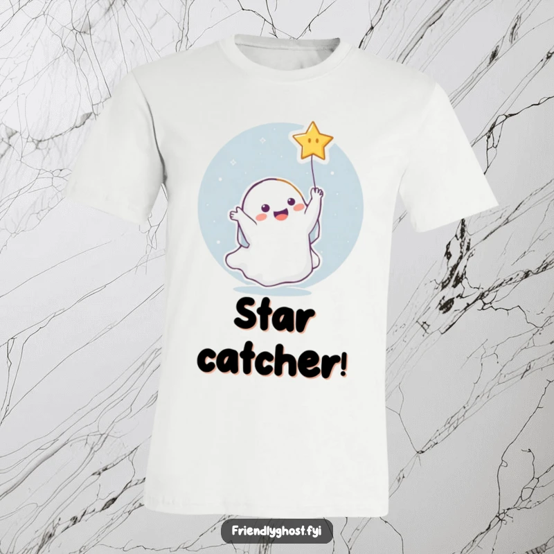Funny Ghost Star T-Shirt: Ghost joyfully catching a falling star, bringing celestial wonder and humorous delight.