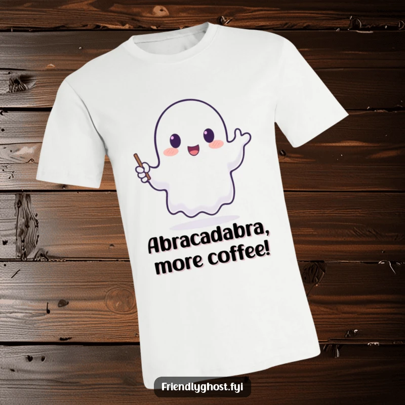 Funny t-shirt showing a translucent ghost happily waving a tiny, glowing wand, perfect for spreading magical vibes.