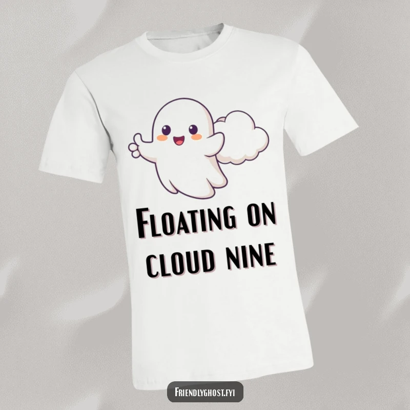 Funny t-shirt showing a happy ghost giving cartoonish thumbs up with a cheerful cloud, perfect for spreading positive energy.