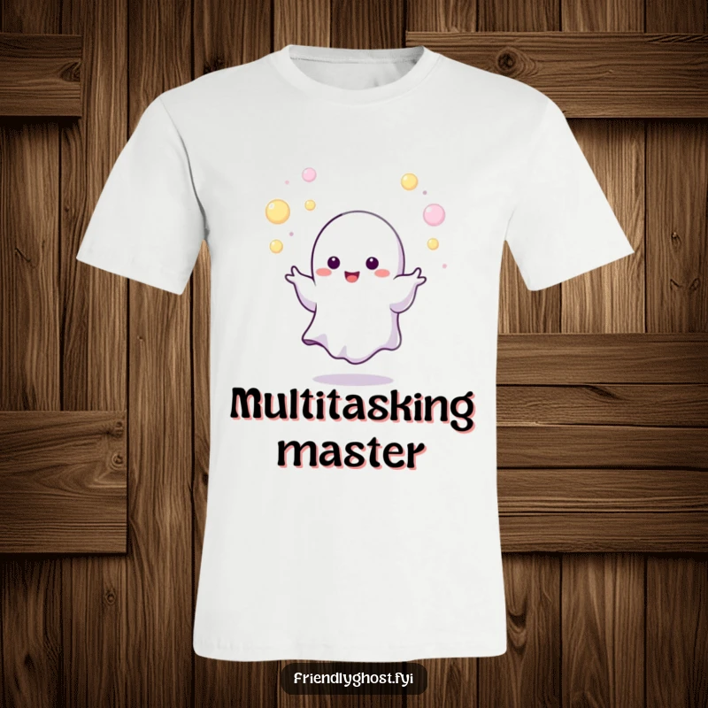 Funny juggling ghost t-shirt with a tiny character expertly juggling tiny, glowing orbs, a comfortable and humorous apparel gift.