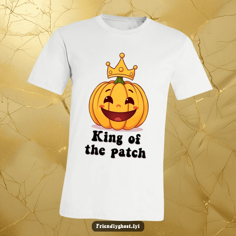 Funny surprised pumpkin with a playful grin and a lopsided crown, a humorous Halloween graphic t-shirt.