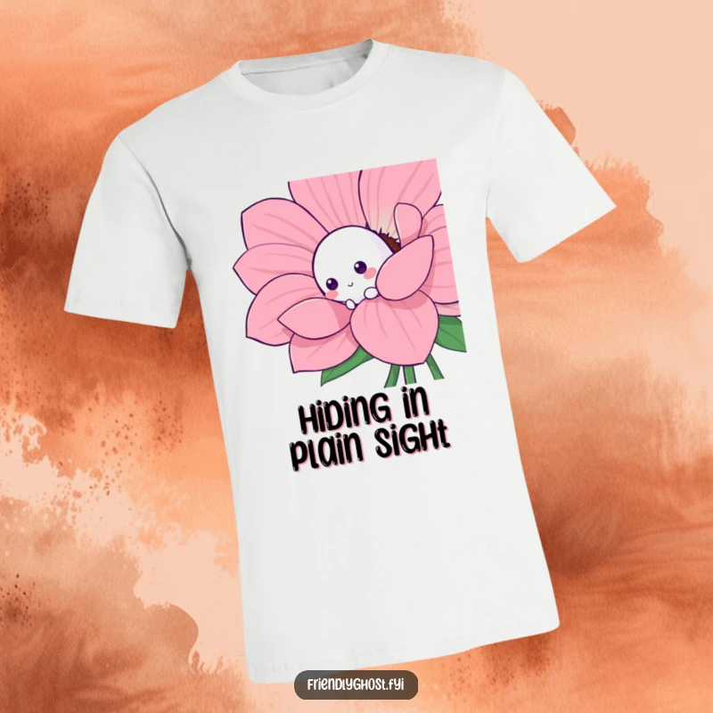 Funny shy ghost t-shirt showing a bashful character peeking out from behind a large, colorful flower.