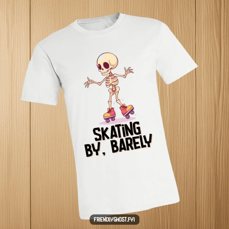 Funny clumsy skeleton limb wearing tiny roller skates, wobbling precariously, a humorous and athletic graphic t-shirt.