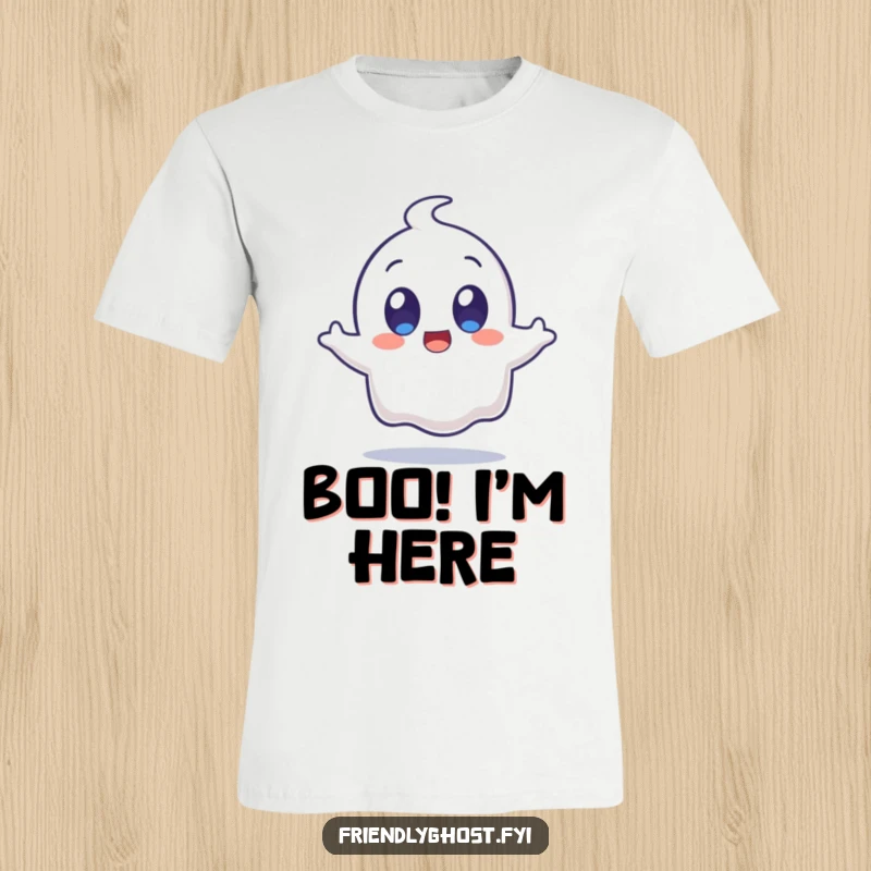 Funny surprised ghost character with wide, happy eyes jumping on a t-shirt, expressing comical shock and playful energy.