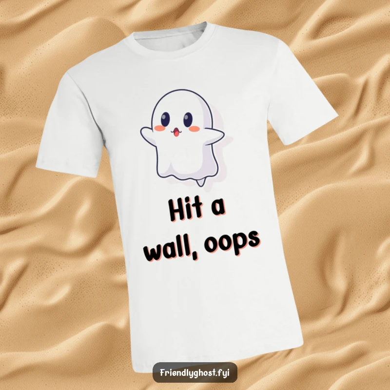 Funny ghost t-shirt featuring a ghost character looking surprised after attempting to phase through a wall.