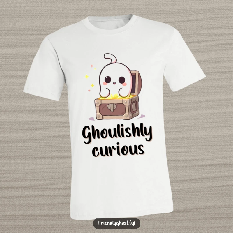Funny curious ghost peeking into a treasure chest filled with sparkles, printed on a humorous t-shirt.