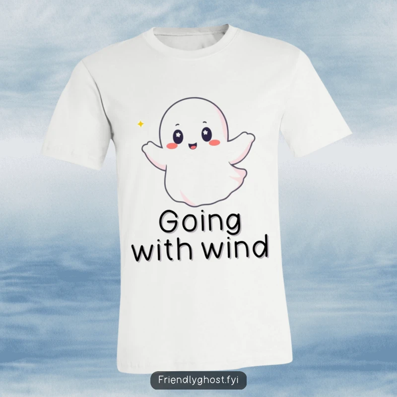 Funny ghost t-shirt featuring a happy ghost with sparkling eyes, riding effortlessly on a gentle, flowing breeze.