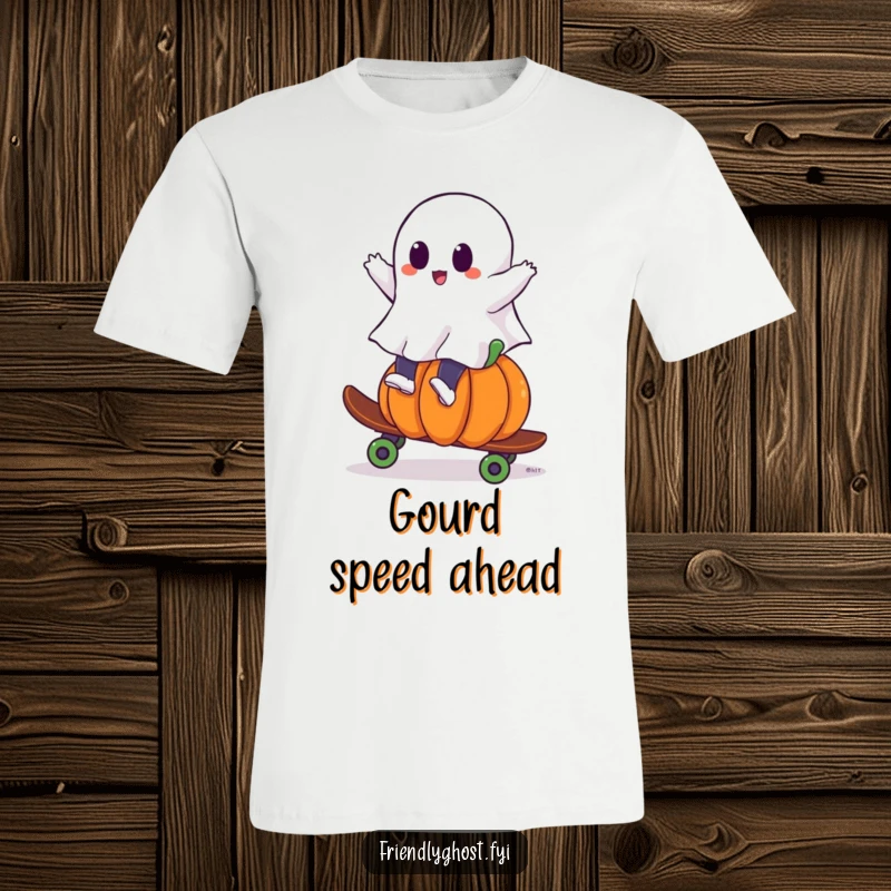 Funny ghost t-shirt featuring a ghost expertly riding a pumpkin as a skateboard, demonstrating speed and playful mischief.